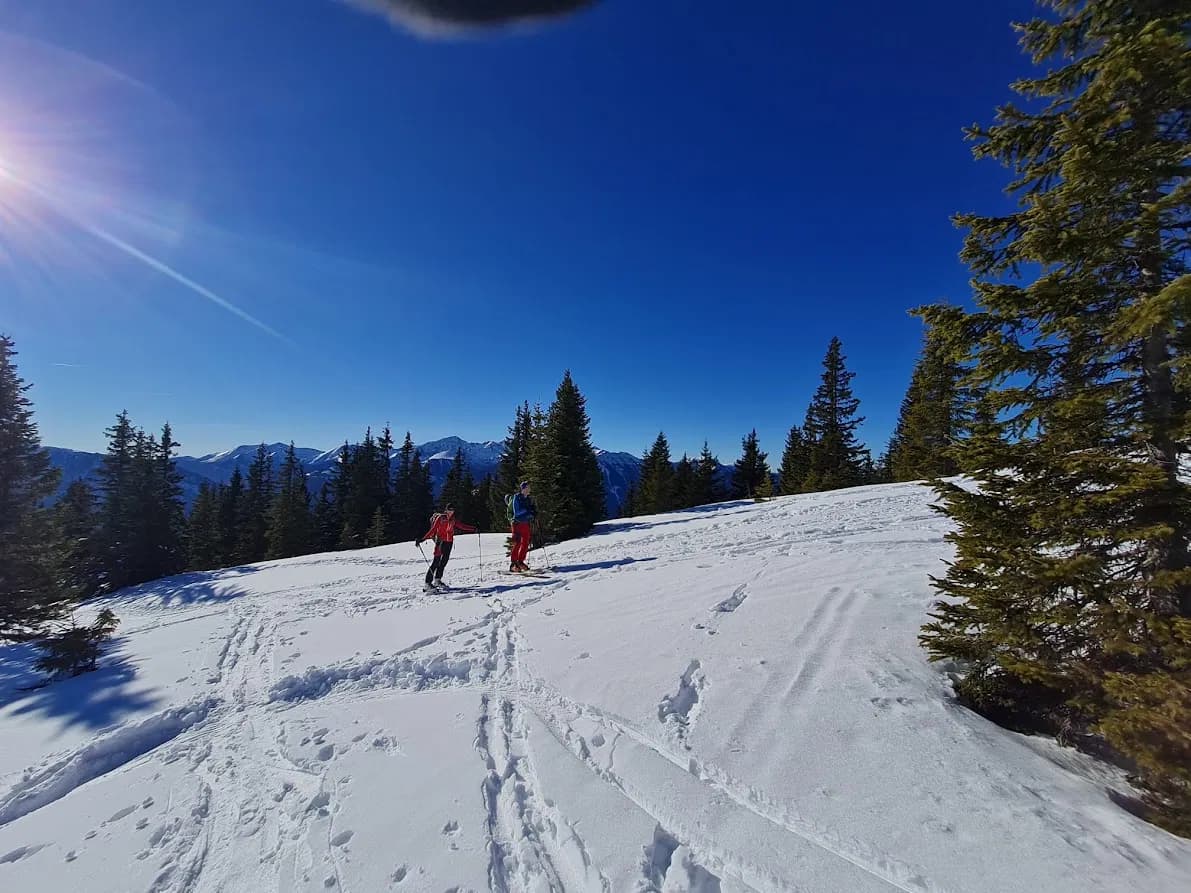 Zwei Gäste mit Bergführer im Aufstieg am Sattelberg bei bestem Winterwetter